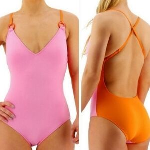 New Kate Spade NY Plunging V-Neck Colorblock Barbie Pink/Orange Swimsuit Small
